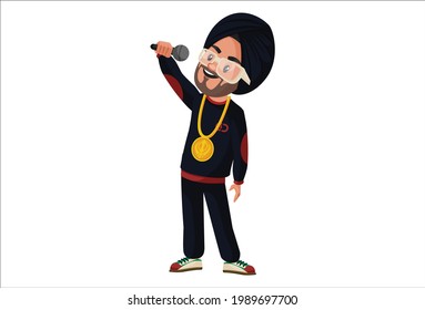 Punjabi singer is holding mic in hand and dancing. Vector graphic illustration. Individually on a white background.