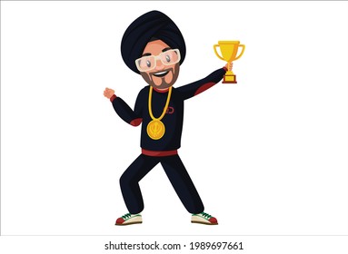 Punjabi singer is holding trophy in hand. Vector graphic illustration. Individually on a white background.