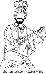 A Punjabi singer plays a traditional musical instrument. Tumbi, Punjabi man playing ektara or tumbi, sketch drawing illustration, Punjabi culture music instrument clipart, and symbol