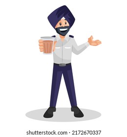 Punjabi Traffic Policeman Is Holding A Glass Of Tea In Hand. Vector Graphic Illustration. Individually On A White Background.	