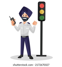 Punjabi Traffic Policeman Is Holding Walkie Talkie In Hand. Vector Graphic Illustration. Individually On A White Background.	