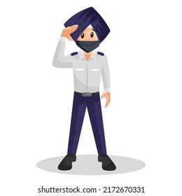 Punjabi traffic policeman is saluting. Vector graphic illustration. Individually on a white background.