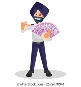 Punjabi Traffic Policeman Is Showing Money.  Vector Graphic Illustration. Individually On A White Background.