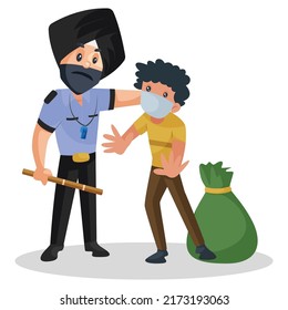 Punjabi watchman is beating the thief with a stick. Vector graphic illustration. Individually on a white background.