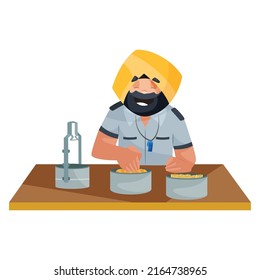 Punjabi watchman is eating food from tiffin. Vector graphic illustration. Individually on a white background.