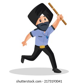 Punjabi watchman is holding stick in hand and running. Vector graphic illustration. Individually on a white background. 
