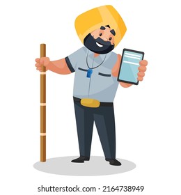 Punjabi watchman is holding a stick in one hand and a mobile phone in another hand. Vector graphic illustration. Individually on a white background.