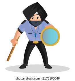 Punjabi watchman is holding stick in one hand and a flashlight in another hand. Vector graphic illustration. Individually on a white background.