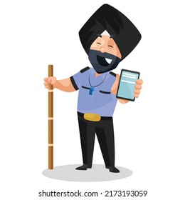 Punjabi watchman is holding a stick in one hand and a mobile phone in another hand. Vector graphic illustration. Individually on a white background. 