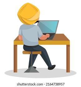 Punjabi watchman is sitting, backside view and working on a laptop. Vector graphic illustration. Individually on a white background. 
