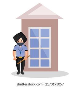 Punjabi watchman is standing at a door. Vector graphic illustration. Individually on a white background.