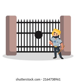 Punjabi watchman is standing at the gate. Vector graphic illustration. Individually on a white background.