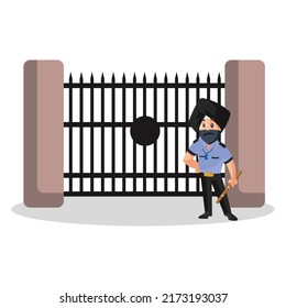 Punjabi watchman is standing at the gate. Vector graphic illustration. Individually on a white background.