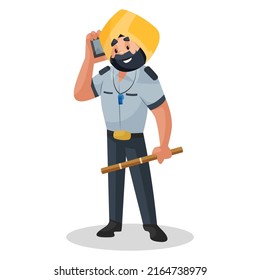 Punjabi watchman is talking on a mobile phone. Vector graphic illustration. Individually on a white background.