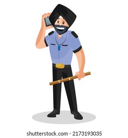 Punjabi watchman is talking on a mobile phone. Vector graphic illustration. Individually on a white background.