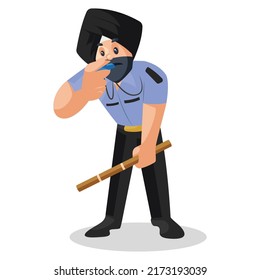 Punjabi watchman is whistling. Vector graphic illustration. Individually on a white background. 