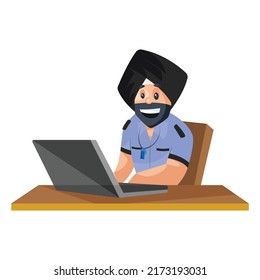 Punjabi watchman is working on a laptop. Vector graphic illustration. Individually on a white background.