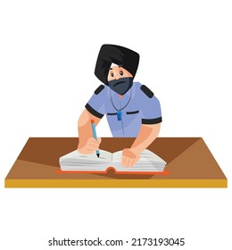 Punjabi watchman is writing on a register. Vector graphic illustration. Individually on a white background.