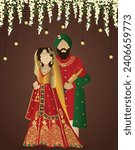 punjabi wedding couple illustration indian sikh wedding couple art dark floral background with lights anand karaj punjabi bride and groom
