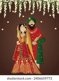 punjabi wedding couple illustration indian sikh wedding couple art dark floral background with lights anand karaj punjabi bride and groom