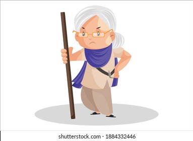 Punjabi woman is holding a stick in her hand. Vector graphic illustration. Individually on a white background.