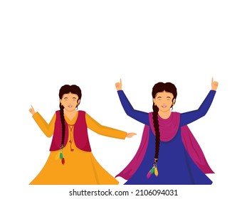 Punjabi Young Ladies Doing Bhangra Dance On White Background.