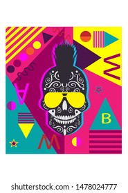 Punk 3D skull with sunglasses and Mohawk colourful abstract background 