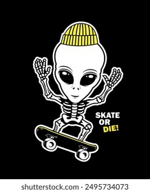 Punk alien skeleton riding a skate. Skate or die extraterrestrial person vector