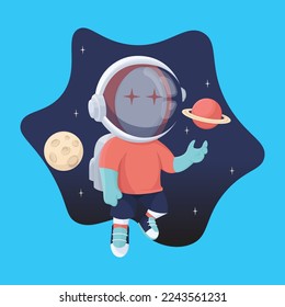 Punk Astronaut Character Plays with Planet and Moon Illustration