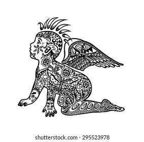 Punk Baby With Tattoo, Punk Hair, And Wings. Black And White Style