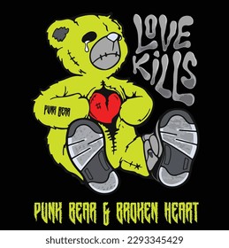 punk bear and broken heart slogan design  shirt