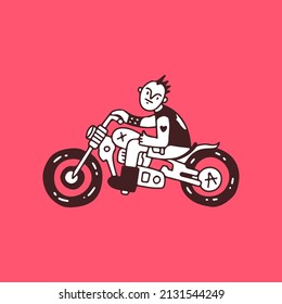 Un chico maleante montando una moto, ilustración para camisetas, pegatinas o prendas de vestir. Con doodle, retro y estilo de caricatura.