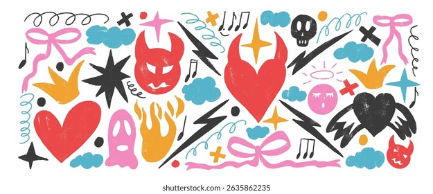 Punk breaking heart multi colors doodles set. Devil and angels wax crayon drawn background. Scribble grunge elements. Hearts, bows, clouds and sketch shapes. Vector illustration by pencil.