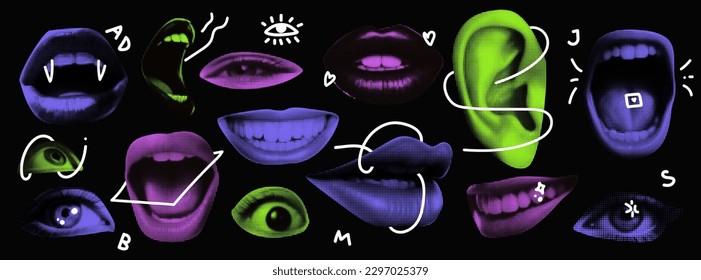 Punk collage elements. Eyes and lips and ear in halftone treatment. Retro magazine clippings. Mouth on black background. Acid colors with white doodles Vector illustration. 