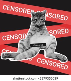 Punk collage with halftone effect. Cute cat, animal, pet, censored element, funny. Vector illustration. Retro style, vintage, magazine clippings, sticker