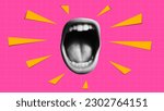 Punk collage. Halftone-style mouth open in a scream. Triangles fly out of it like an abstract sound. Bright red checkered background. Grunge y2k vector banner.