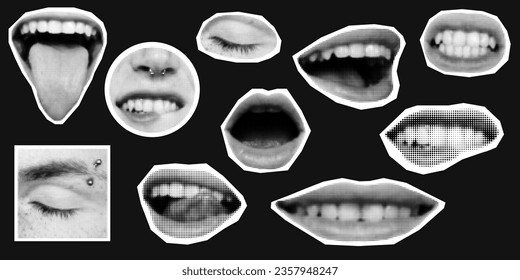  Punk collage made from face elements. Mouth, lips, teeth, tongue, smiles in halftone processing. Vector illustration.Halftone effect. Retro style, vintage, magazine clippings