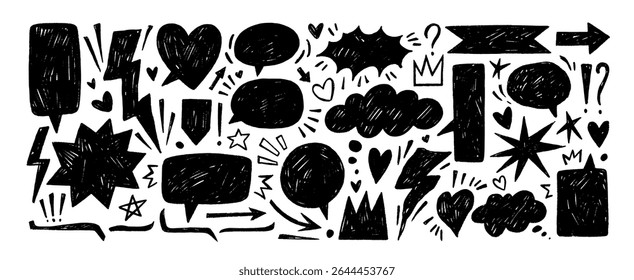 Punk crayon drawn speech bubbles, expression symbols, doodle elements. Hand drawn vector dialogue balloons. Sketch underline, emphasis icons, arrows, speech bubble shapes collection.