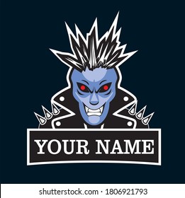 Punk demonic logo. Biker man in black leather with blue face and aggressive smile. Cartoon skull naming template for sport team or club. Logotype for rock or death metal band. 