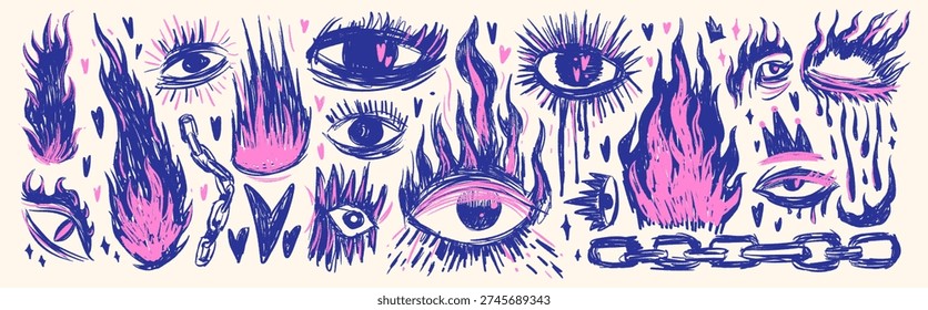 Punk doodle collection featuring distorted eyes and flame shapes with grainy ink texture