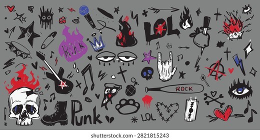 Punk Doodle Elements Pack Rock Icons, Skulls, Hearts and Graffiti Symbols
