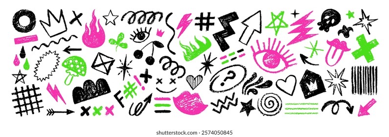 Punk doodle hand drawn vector. Grunge grafitti with rock heart star fire arrow skull. Sketch crayon icon tattoo. Scribble marker art. Line, shape punk doodle grafitti with rock music element. Chalk bg