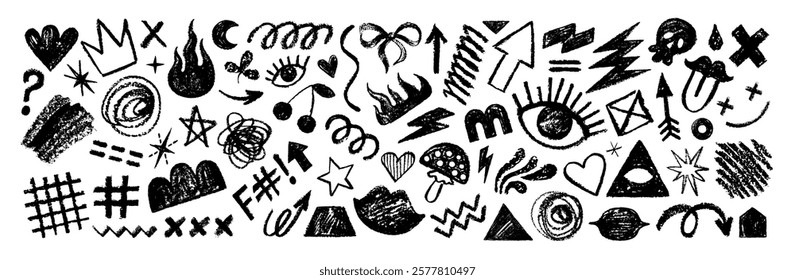 Punk doodle hand drawn vector. Grunge grafitti with rock heart star fire arrow skull. Sketch crayon icon tattoo. Scribble marker art. Line, shape punk doodle grafiti with rock music element. Chalk bg