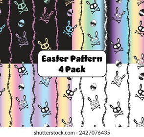 Punk Easter Vector Pattern 4 Pack Bunny Skull and Crossbones Barbed Wire Eggs Pastels Seamless