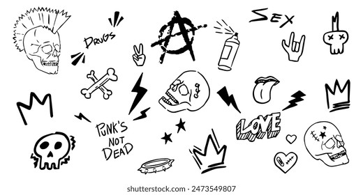 Punk elements collection. Vector marginal doodle illustrations, signs, objects, symbols. Cartoon rock star icon for music band, concert, party. Isolated on white background.