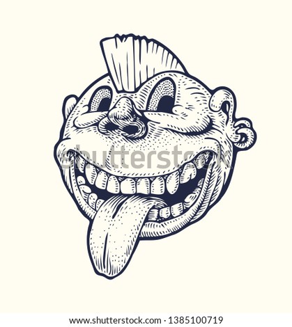 Punk Emoticon with a crest on the head and tongue hanging out. Drawing Style. Vector illustration.