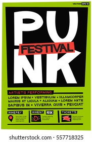 Punk Festival Poster (Flat Style Vector Illustration Music Design) Event Invitation with Venue and Time Details