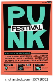 Punk Festival Poster (Flat Style Vector Illustration Music Design) Event Invitation with Venue and Time Details
