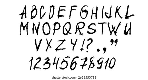Punk funky hand-drawn alphabet with grunge crayon texture. Bold sketchy letters and numbers for edgy posters, rebellious graphics, streetwear, rock zines. Vector isolated on white.