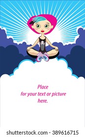 Punk girl meditating in the sky  vector - dark clouds and retro sunburst background. Rebellion girl practice yoga in the sky. Cute pink haired young woman - self development banner, poster. Eps 8.